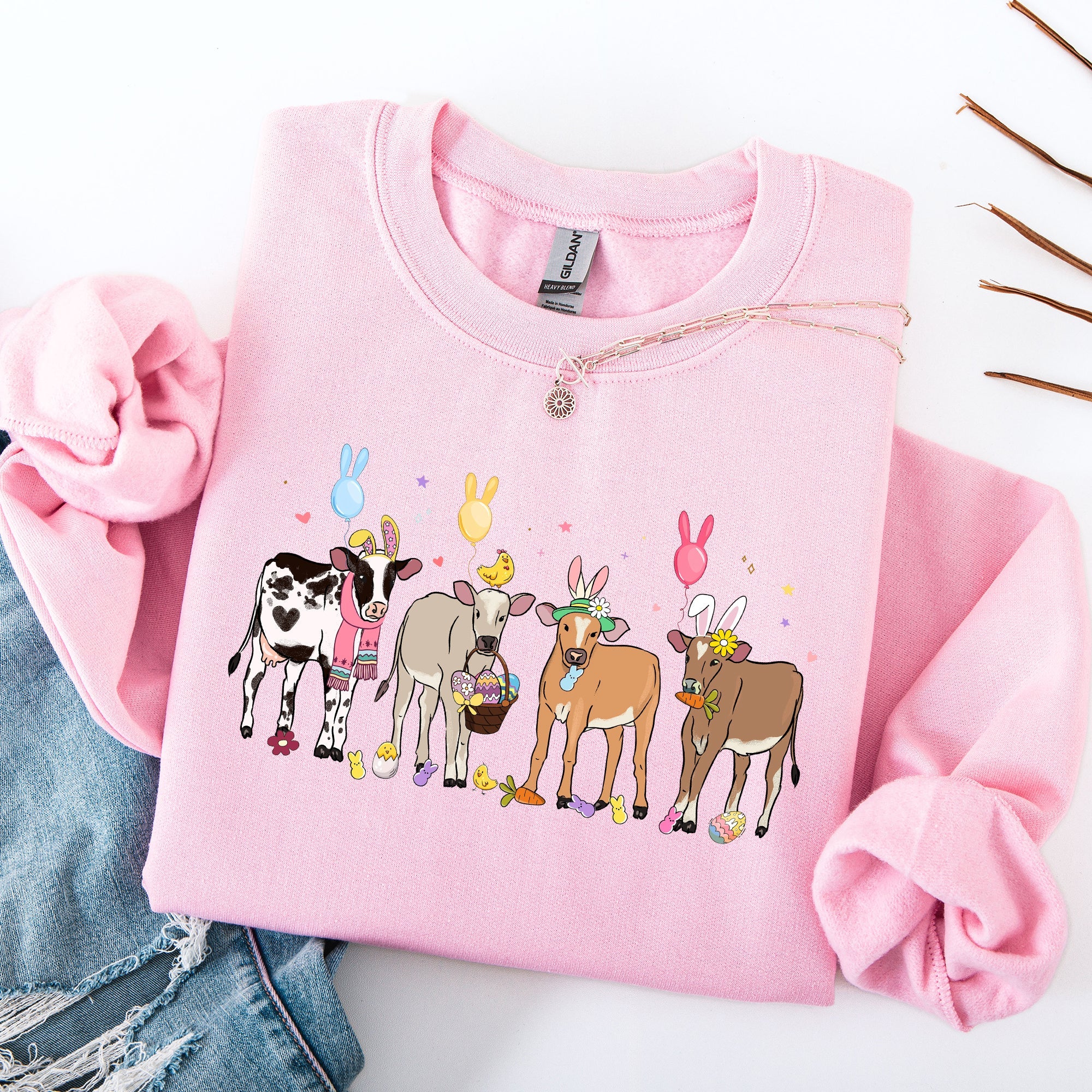 Cute Cows Easter Bunny Jesus Rabbit Holiday Seasonal Festive Family Celebration Sweatshirt