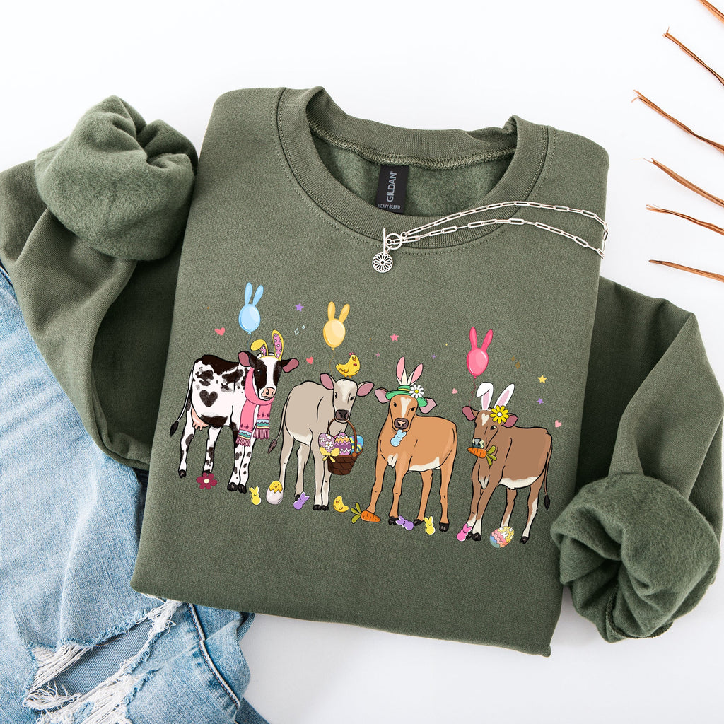 Cute Cows Easter Bunny Jesus Rabbit Holiday Seasonal Festive Family Celebration Sweatshirt