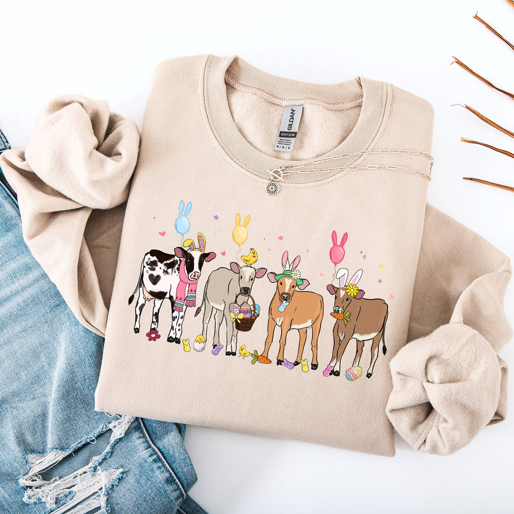 Cute Cows Easter Bunny Jesus Rabbit Holiday Seasonal Festive Family Celebration Sweatshirt