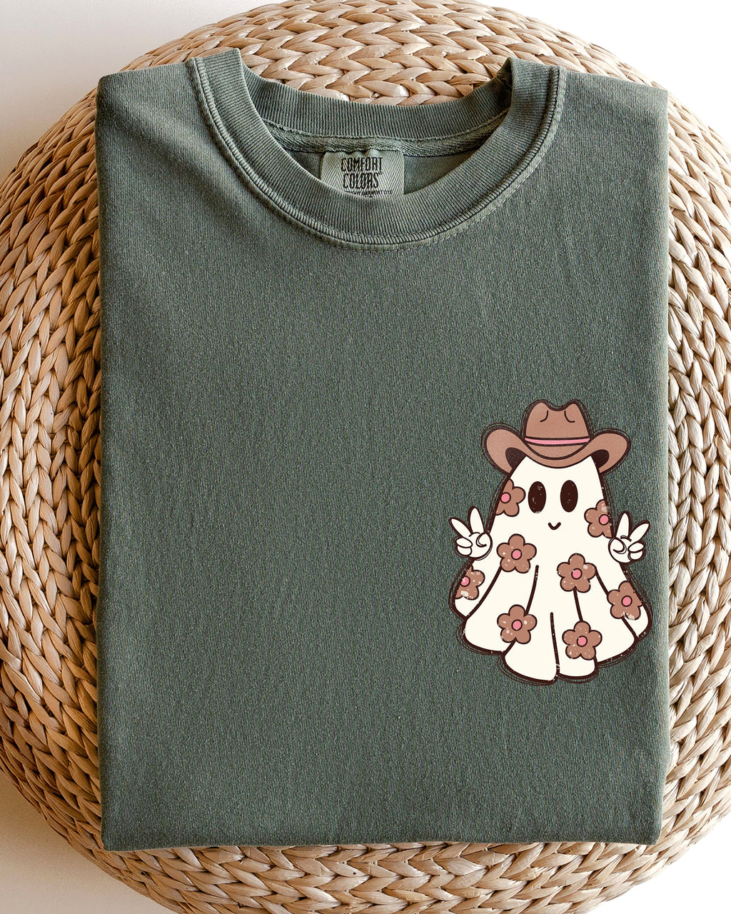 Cute Flower Ghost Cowboy Cowgirl Pocket Print Halloween Peace Comfort Colors Tee