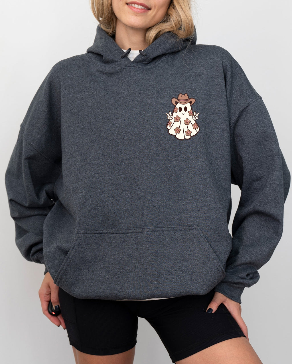 Cute Flower Ghost Cowboy Cowgirl Pocket Print Halloween Peace Cozy Hooded Sweatshirt