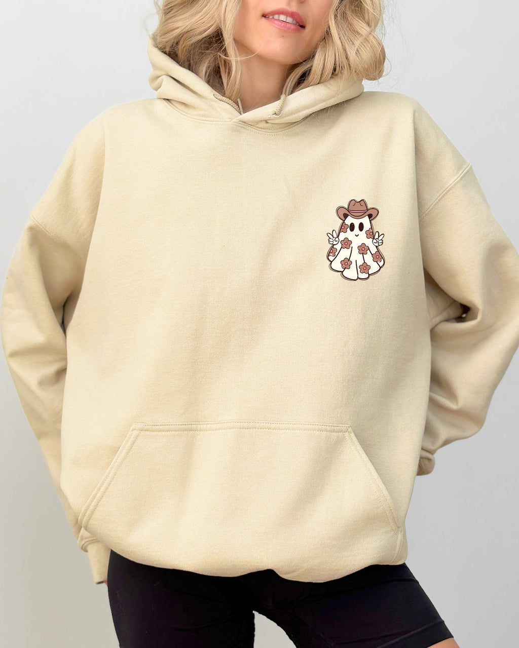 Cute Flower Ghost Cowboy Cowgirl Pocket Print Halloween Peace Cozy Hooded Sweatshirt