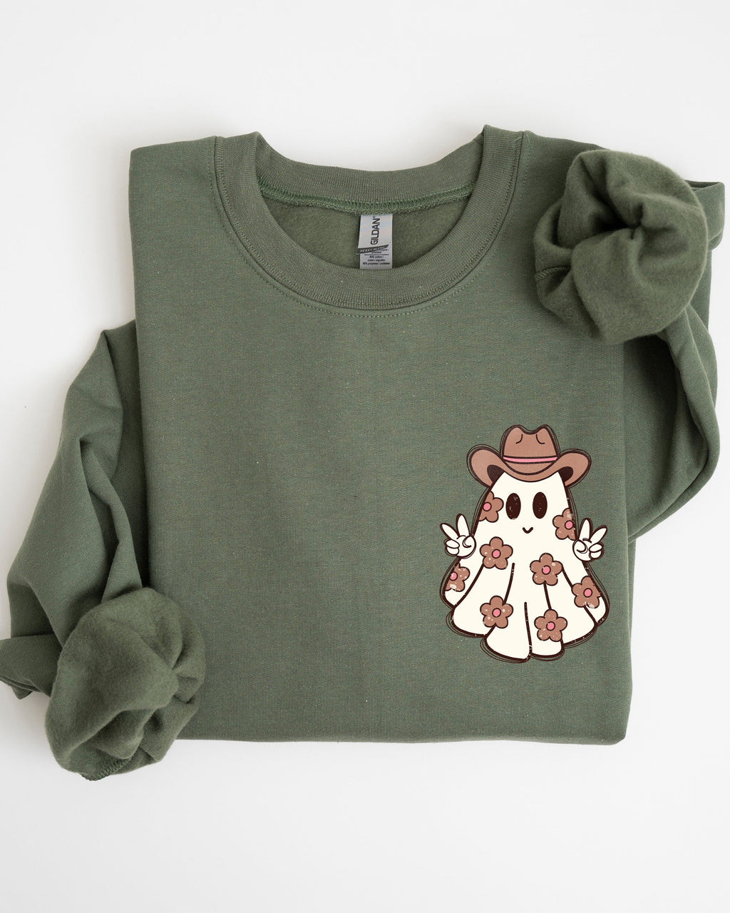 Cute Flower Ghost Cowboy Cowgirl Pocket Print Halloween Peace Western Style Sweatshirt
