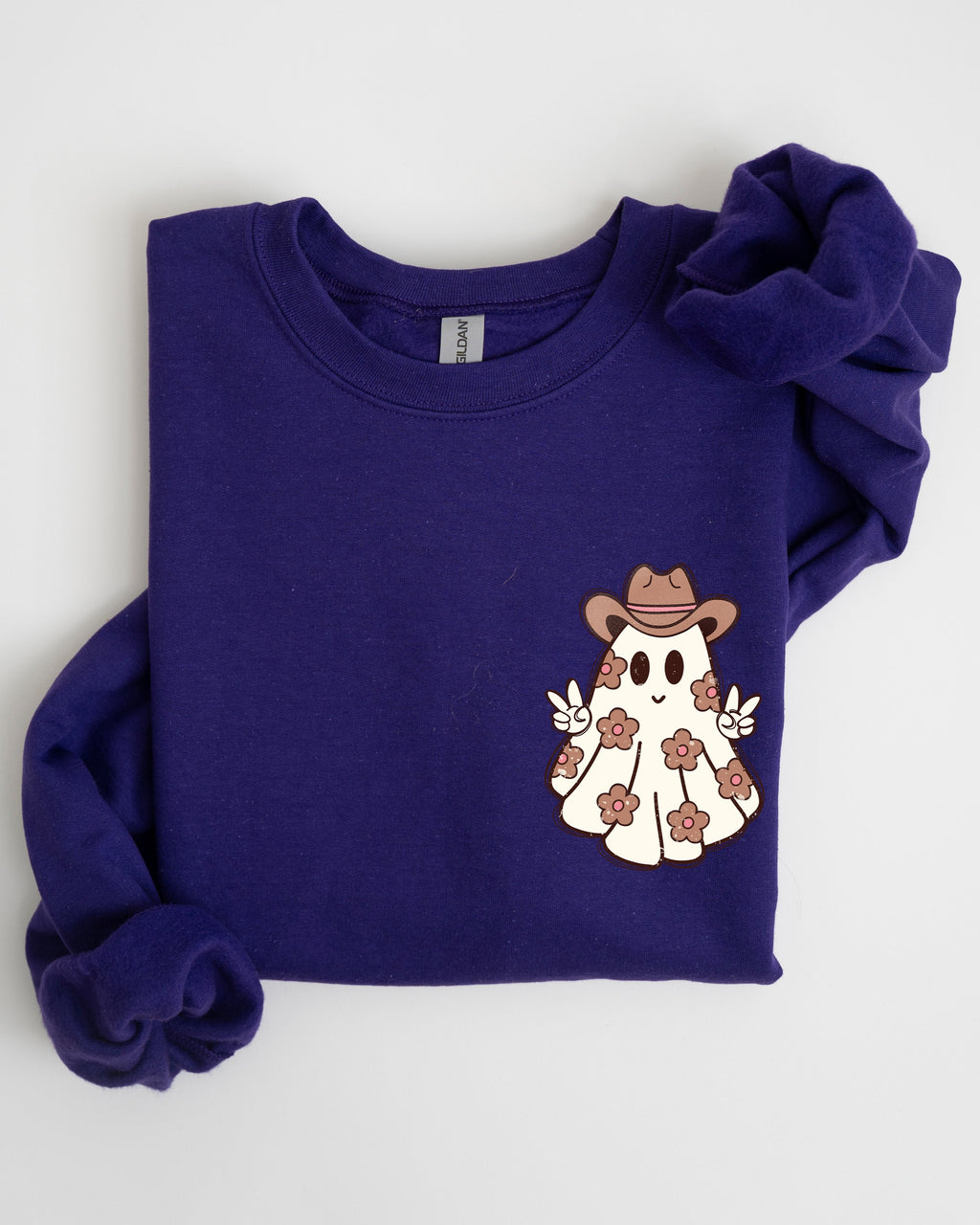 Cute Flower Ghost Cowboy Cowgirl Pocket Print Halloween Peace Western Style Sweatshirt