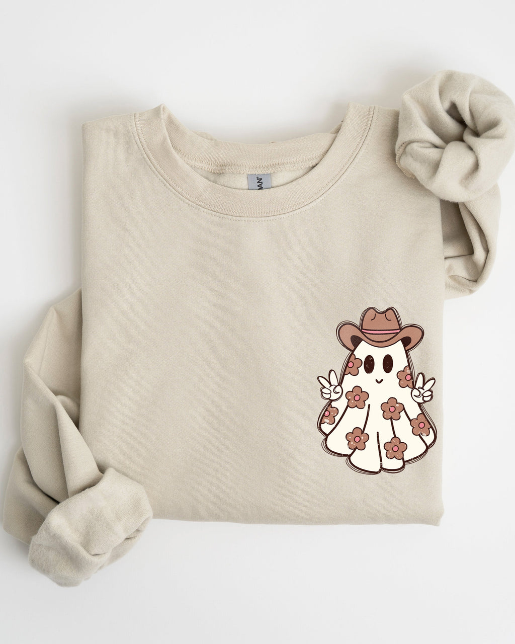 Cute Flower Ghost Cowboy Cowgirl Pocket Print Halloween Peace Western Style Sweatshirt