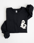 Cute Ghost With Cat Halloween Black Cat Witch Pocket Print Graphic Cozy Sweatshirt