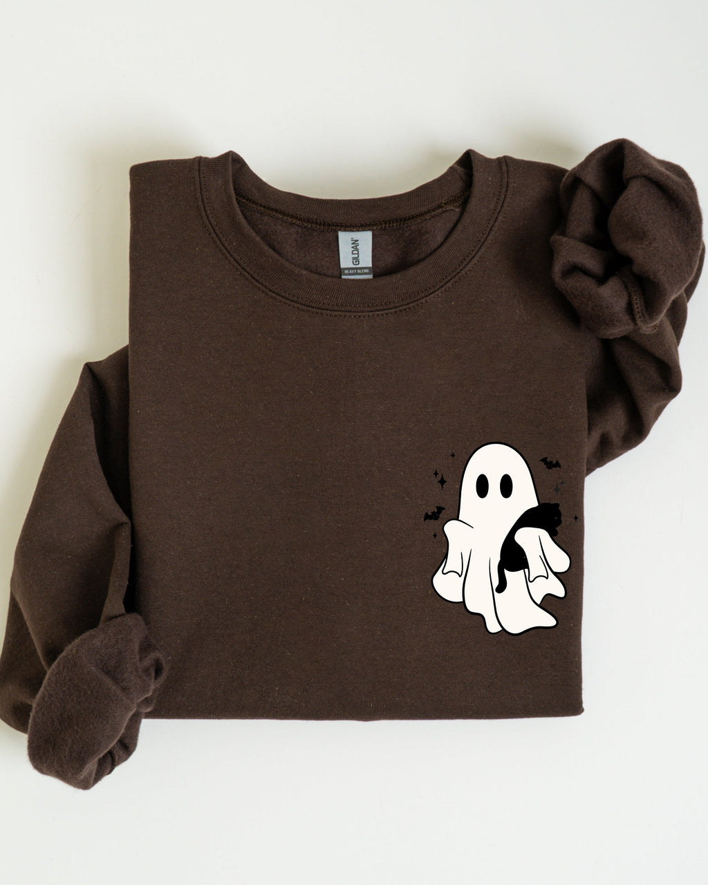 Cute Ghost With Cat Halloween Black Cat Witch Pocket Print Graphic Cozy Sweatshirt