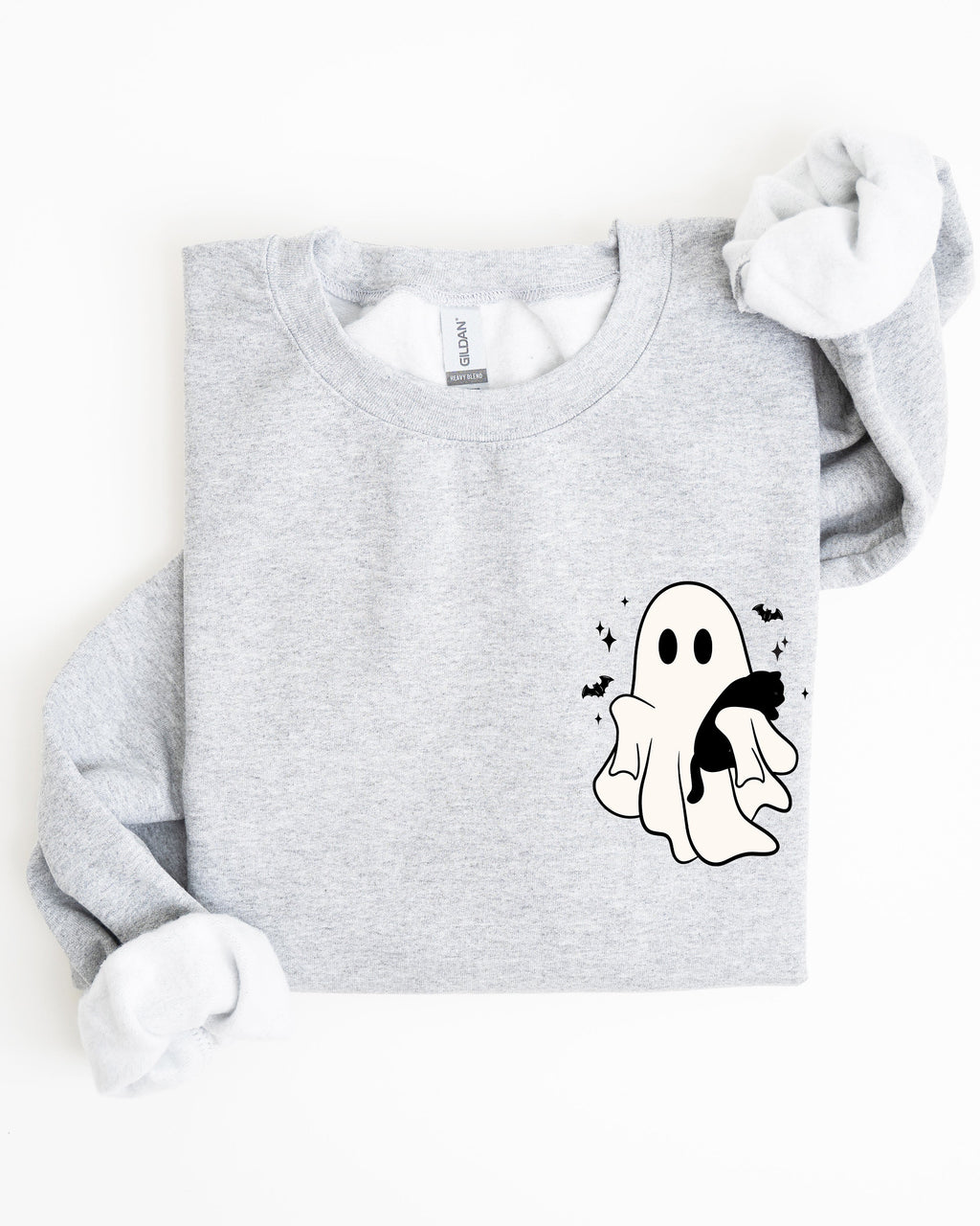 Cute Ghost With Cat Halloween Black Cat Witch Pocket Print Graphic Cozy Sweatshirt