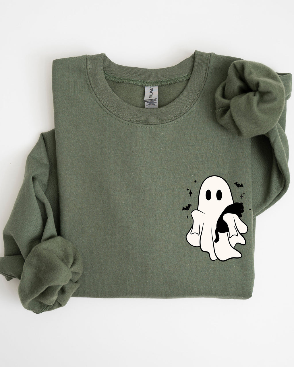 Cute Ghost With Cat Halloween Black Cat Witch Pocket Print Graphic Cozy Sweatshirt