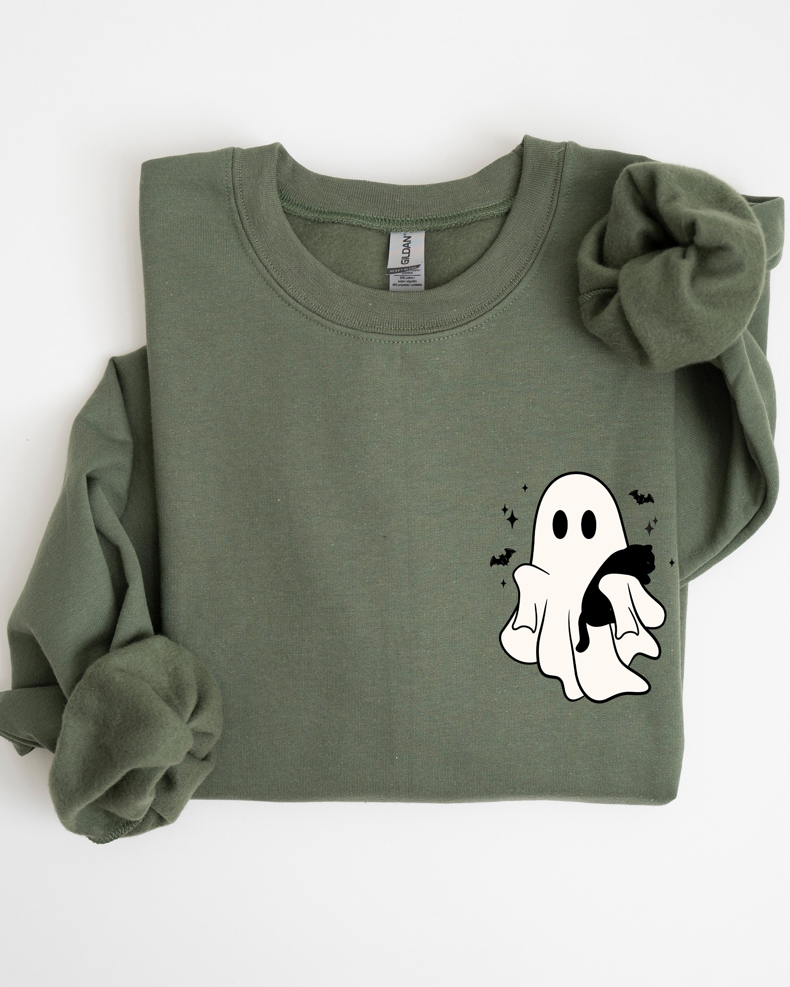Cute Ghost With Cat Halloween Black Cat Witch Pocket Print Graphic Cozy Sweatshirt