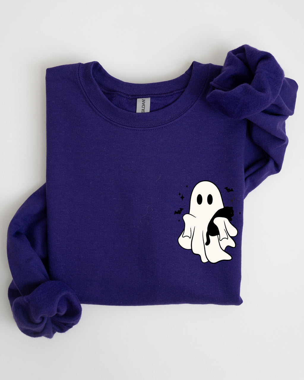 Cute Ghost With Cat Halloween Black Cat Witch Pocket Print Graphic Cozy Sweatshirt