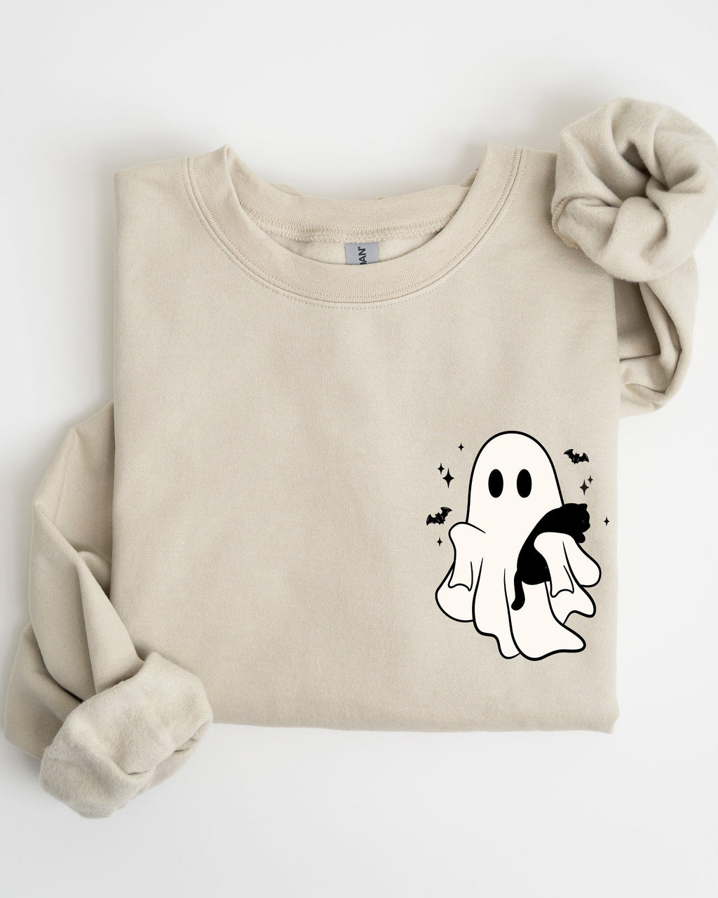 Cute Ghost With Cat Halloween Black Cat Witch Pocket Print Graphic Cozy Sweatshirt