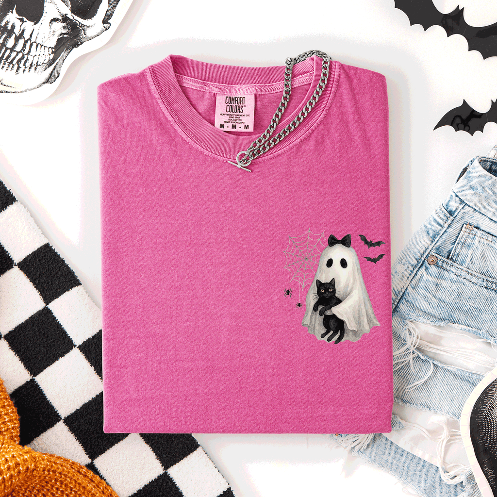 Cute Ghost Black Cat Halloween Coquette Pocket Edition Design Comfort Colors Tee