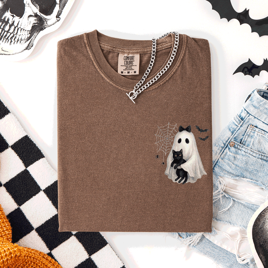 Cute Ghost Black Cat Halloween Coquette Pocket Edition Design Comfort Colors Tee
