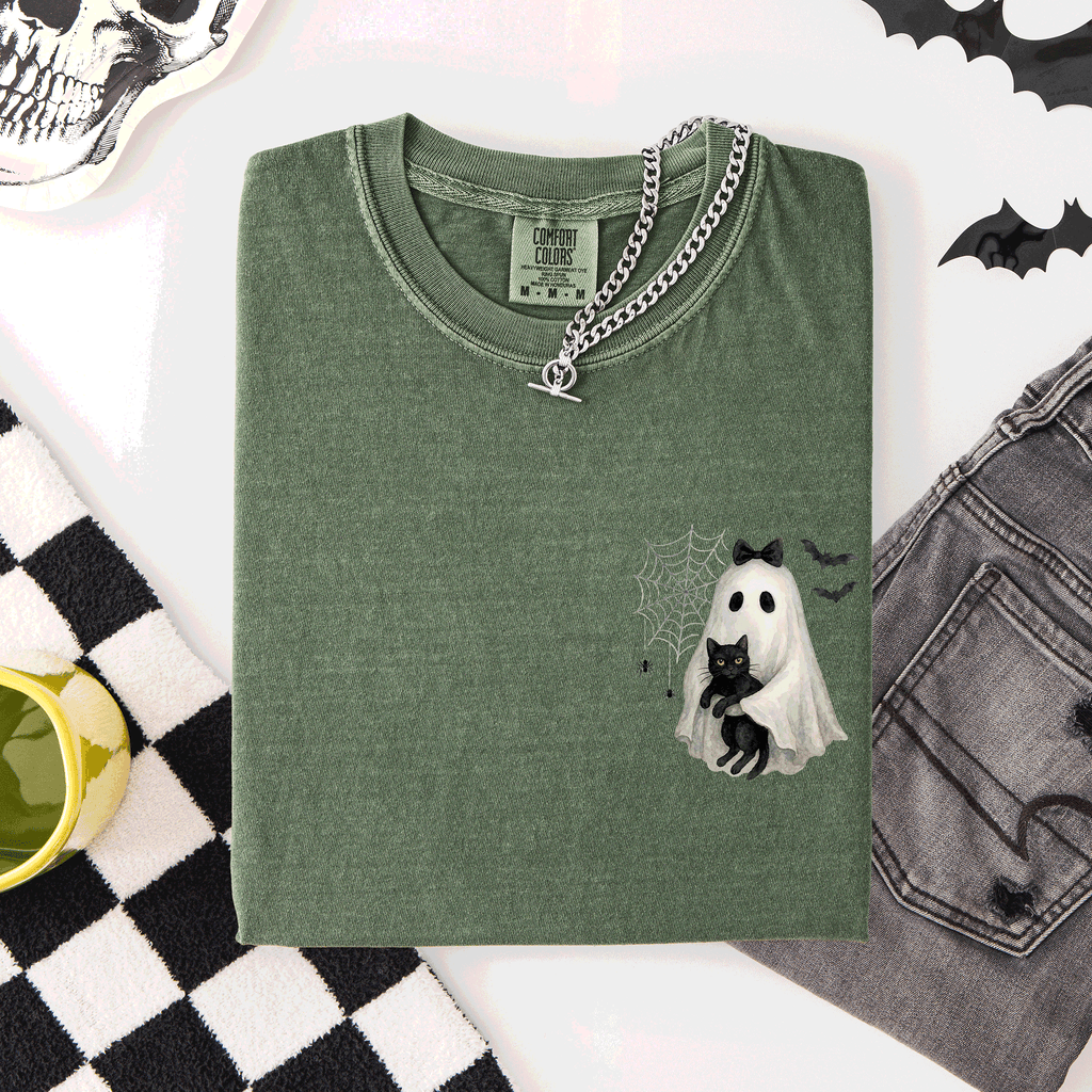 Cute Ghost Black Cat Halloween Coquette Pocket Edition Design Comfort Colors Tee
