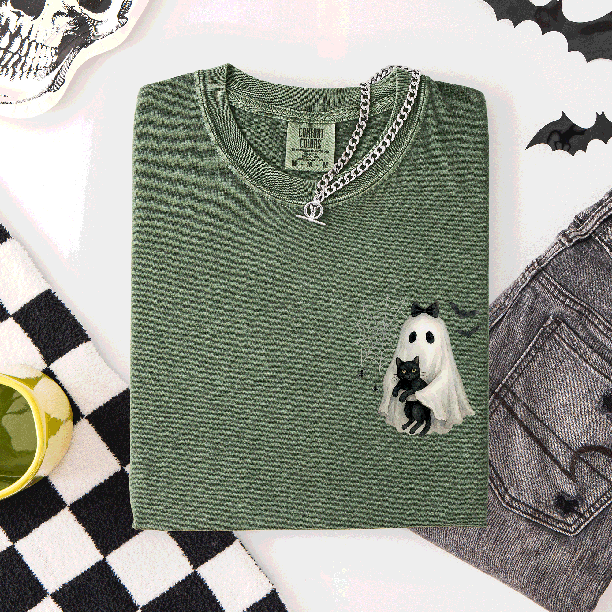 Cute Ghost Black Cat Halloween Coquette Pocket Edition Design Comfort Colors Tee