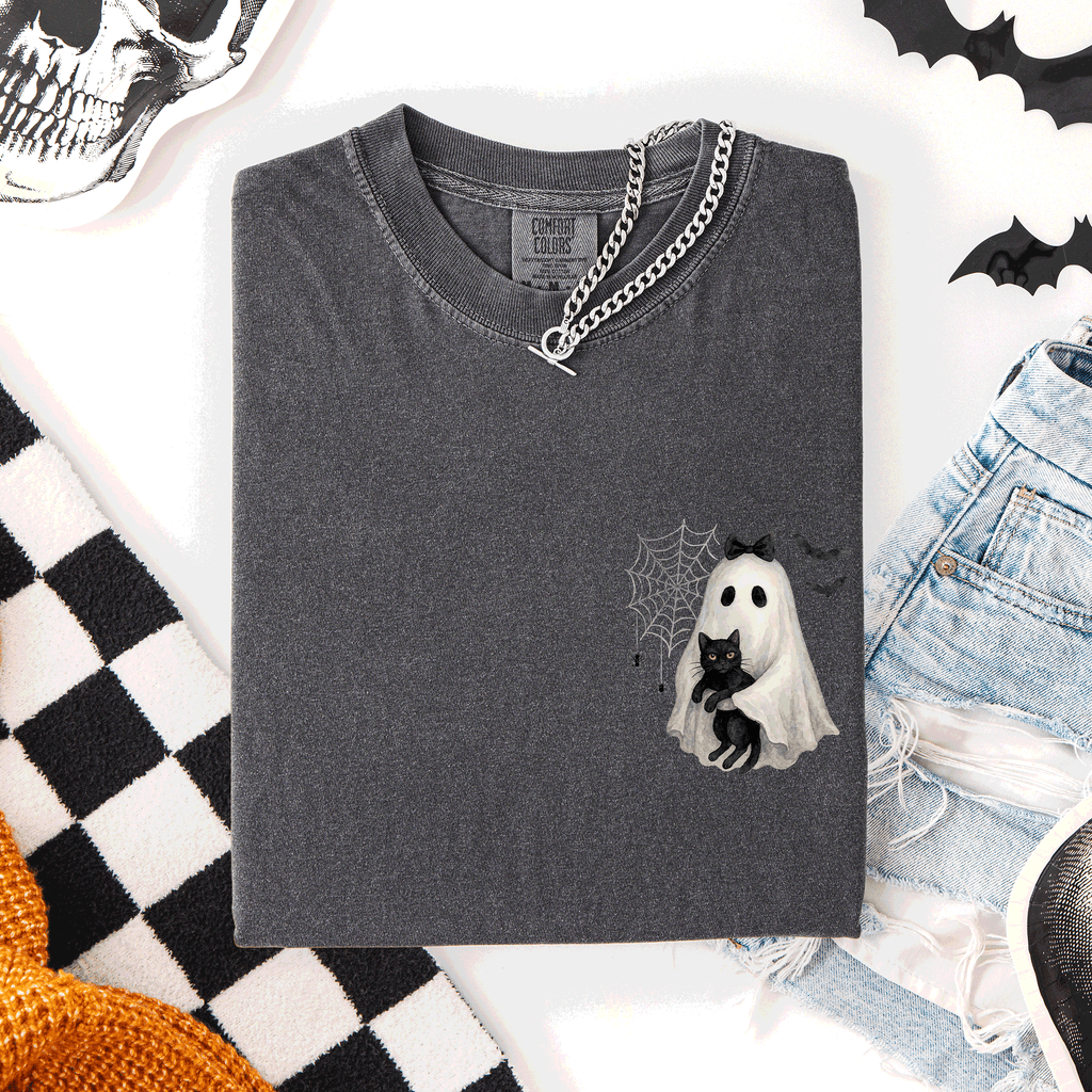 Cute Ghost Black Cat Halloween Coquette Pocket Edition Design Comfort Colors Tee