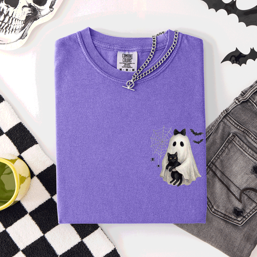 Cute Ghost Black Cat Halloween Coquette Pocket Edition Design Comfort Colors Tee