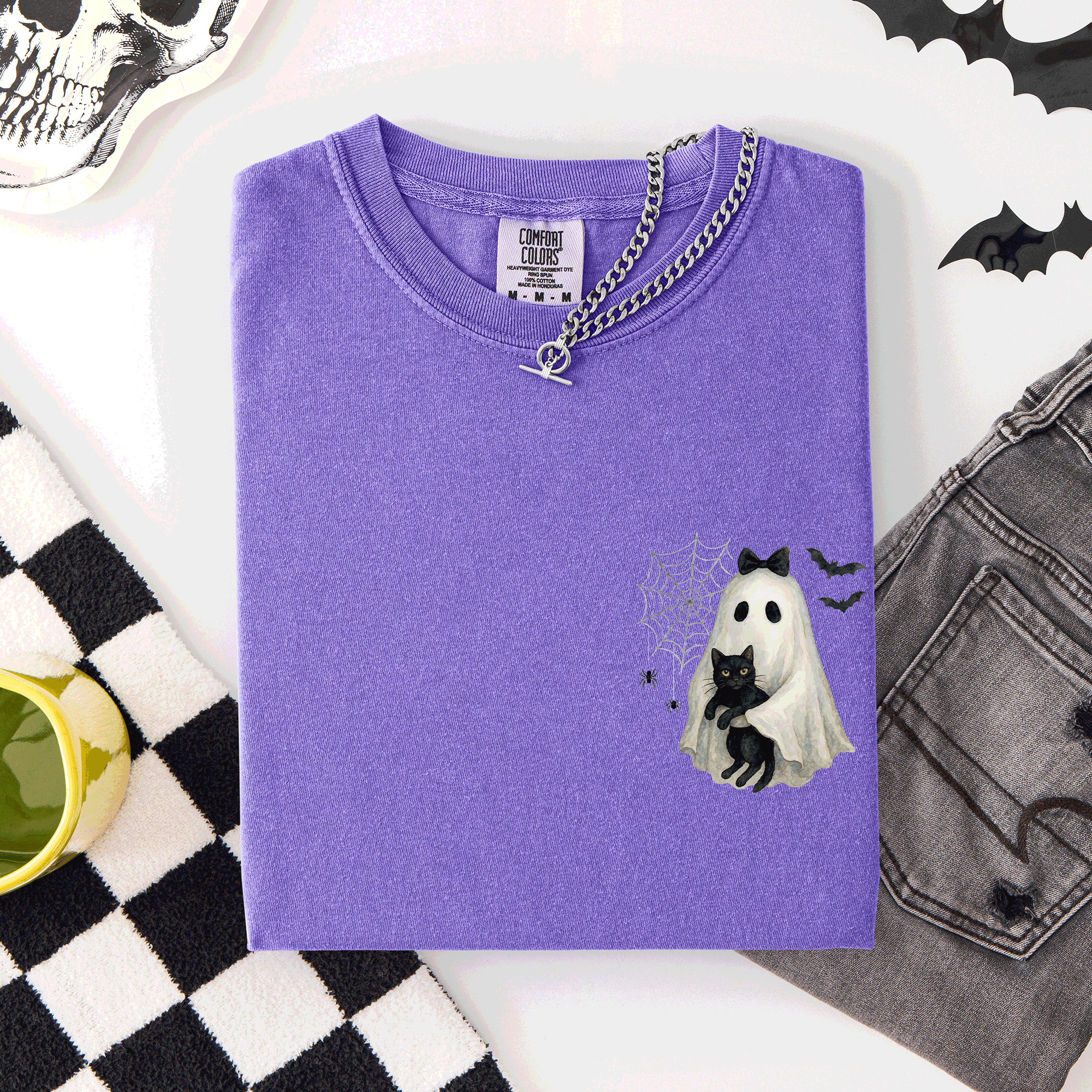Cute Ghost Black Cat Halloween Coquette Pocket Edition Design Comfort Colors Tee
