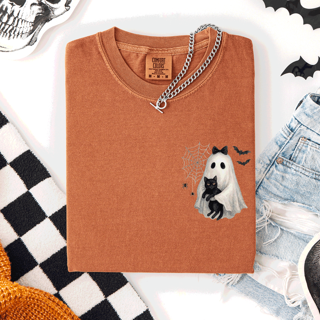 Cute Ghost Black Cat Halloween Coquette Pocket Edition Design Comfort Colors Tee