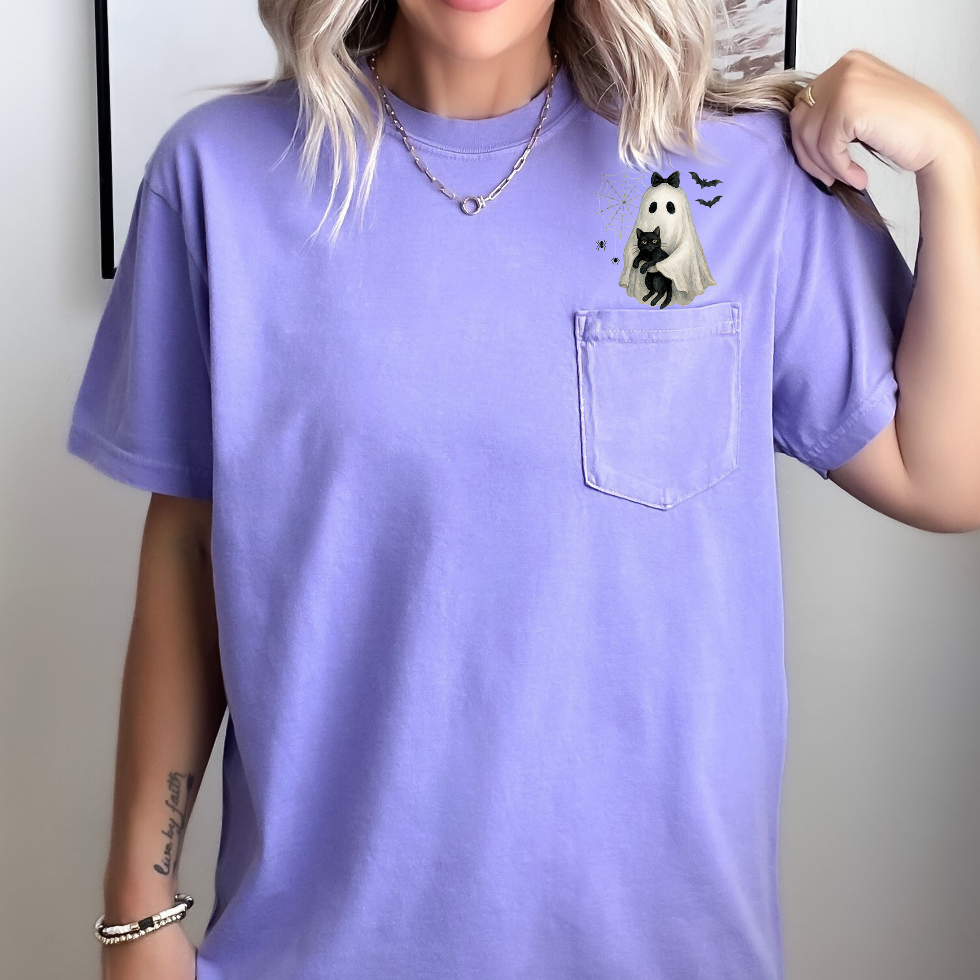 Cute Ghost Black Cat Halloween Coquette Western Frontier Charm Pocket Comfort Colors Tee