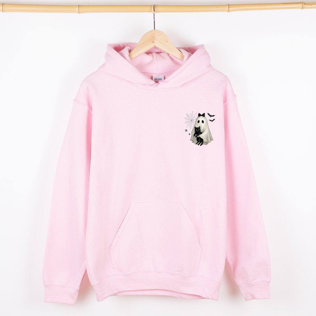 Cute Ghost And Black Cat Halloween Coquette Retro Jack-O-Lantern Whimsy Pocket Hoodie