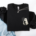 Cute Ghost, Black Cat, Halloween, Coquette Vintage Gothic Seasonal Pocket Sweatshirt