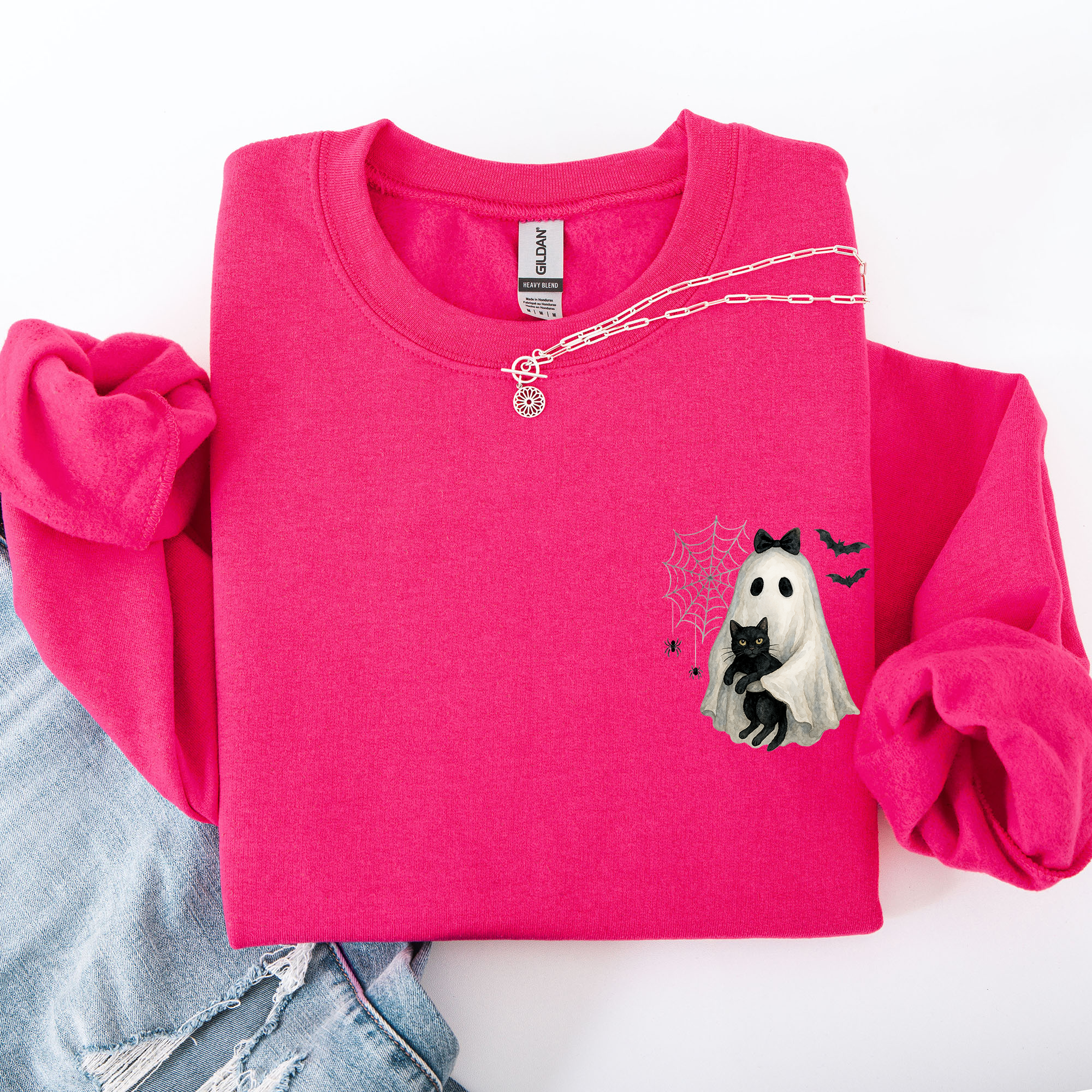 Cute Ghost, Black Cat, Halloween, Coquette Vintage Gothic Seasonal Pocket Sweatshirt
