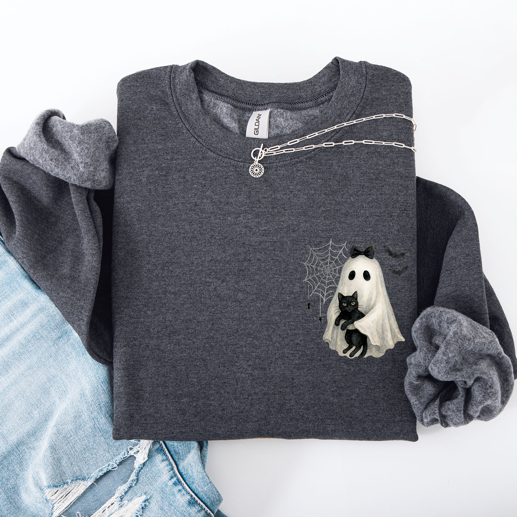 Cute Ghost, Black Cat, Halloween, Coquette Vintage Gothic Seasonal Pocket Sweatshirt