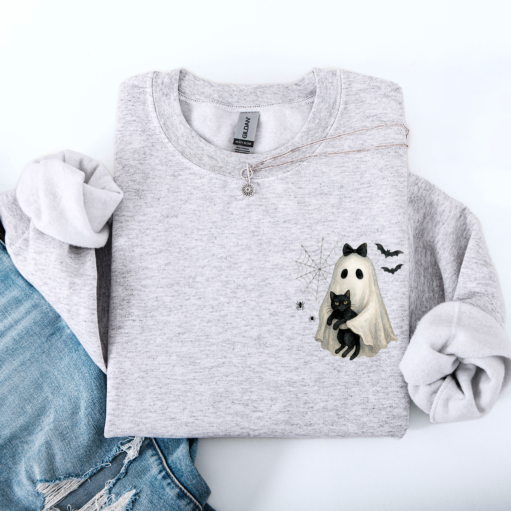 Cute Ghost, Black Cat, Halloween, Coquette Vintage Gothic Seasonal Pocket Sweatshirt