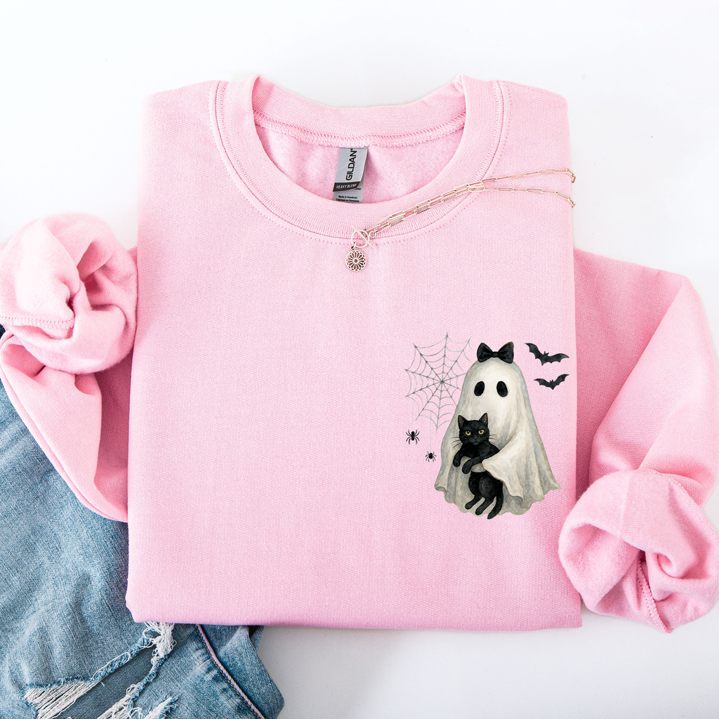 Cute Ghost, Black Cat, Halloween, Coquette Vintage Gothic Seasonal Pocket Sweatshirt