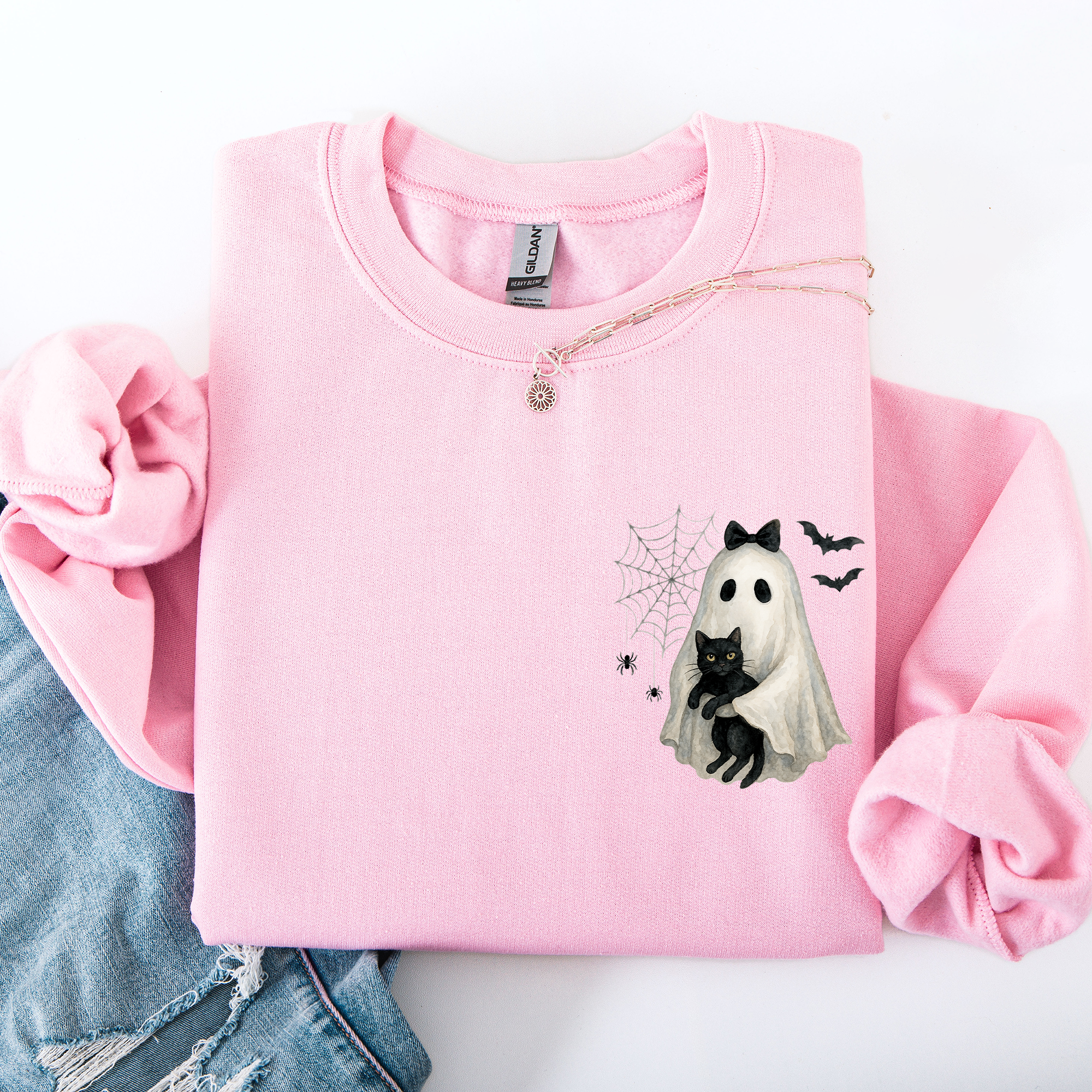 Cute Ghost, Black Cat, Halloween, Coquette Vintage Gothic Seasonal Pocket Sweatshirt