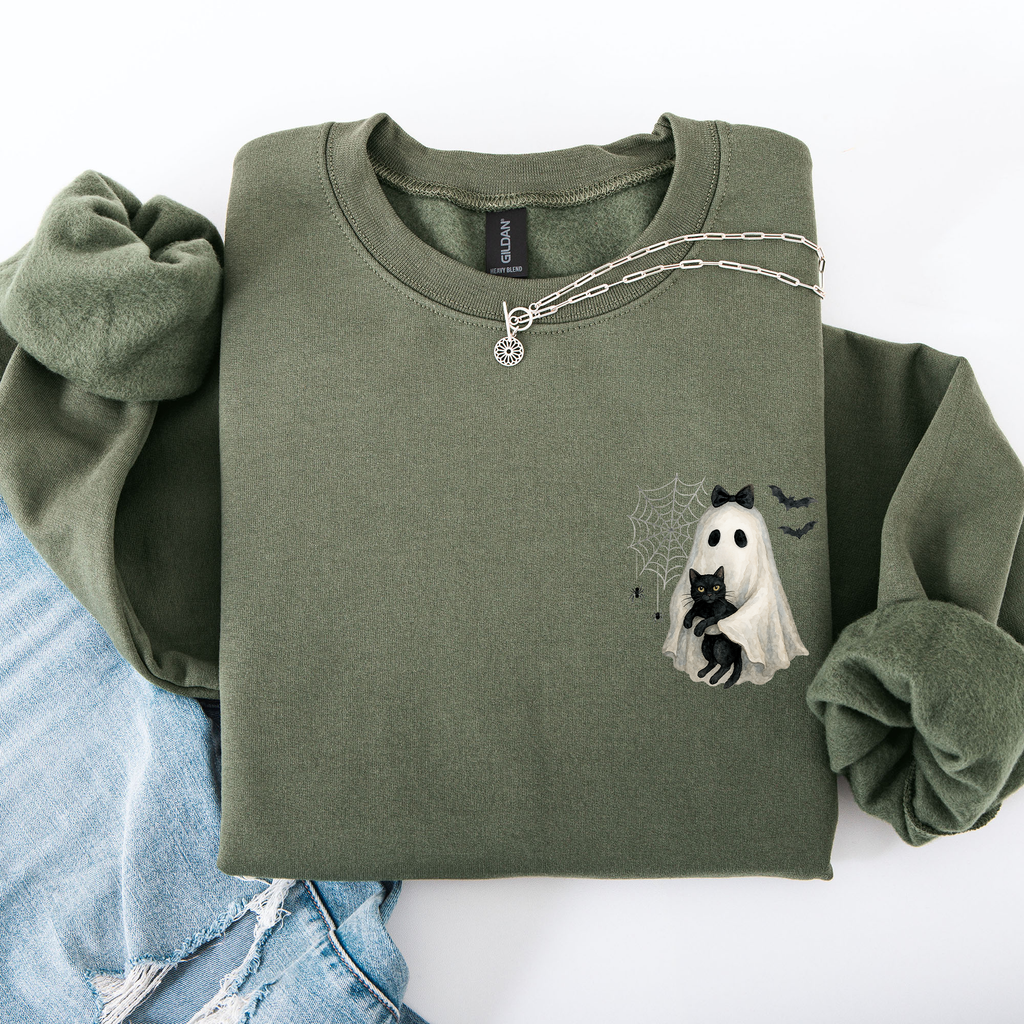 Cute Ghost, Black Cat, Halloween, Coquette Vintage Gothic Seasonal Pocket Sweatshirt