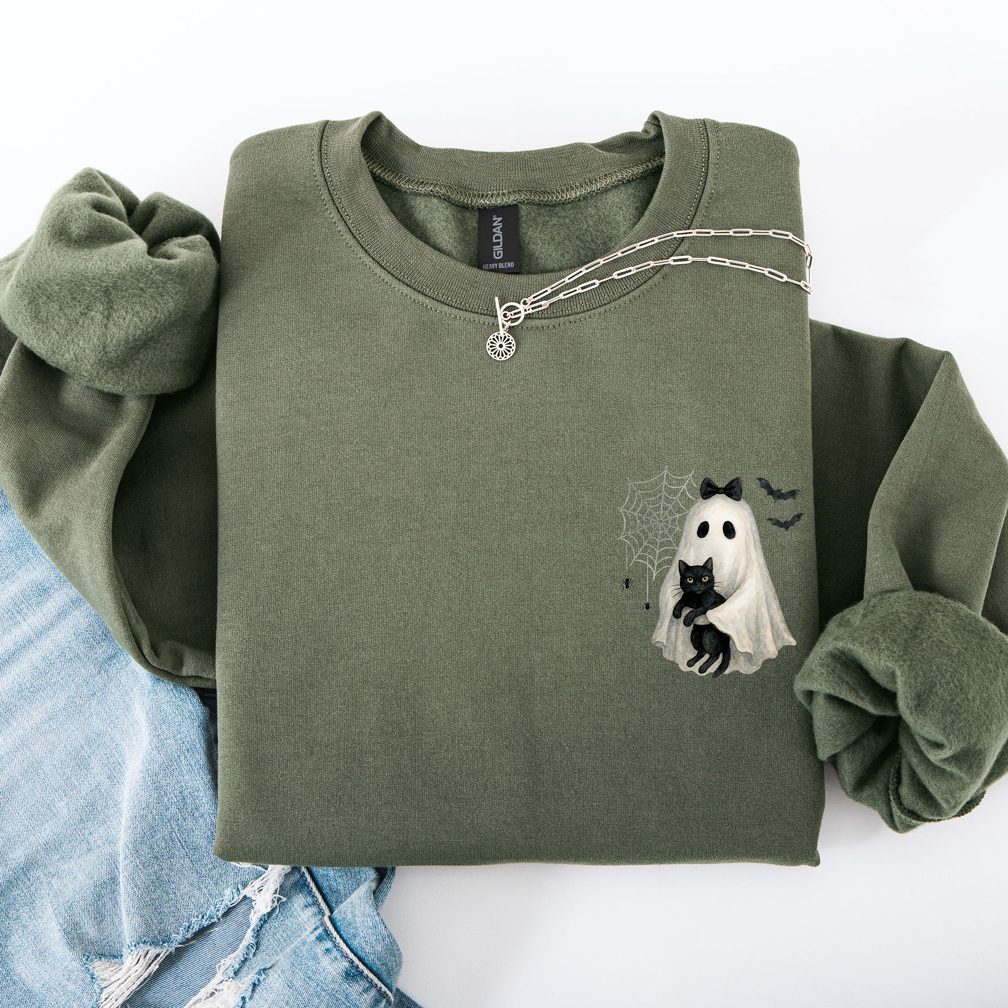 Cute Ghost, Black Cat, Halloween, Coquette Vintage Gothic Seasonal Pocket Sweatshirt