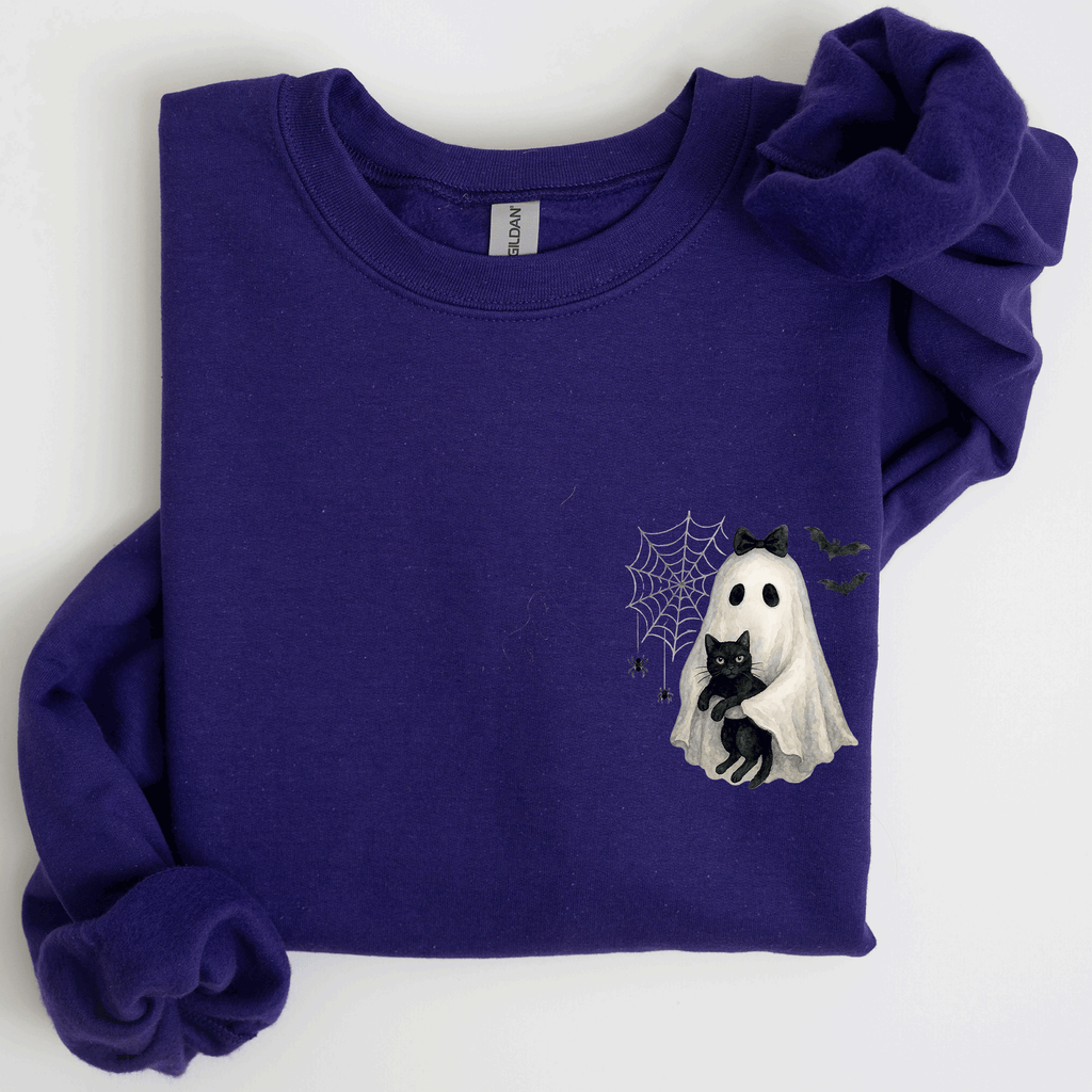 Cute Ghost, Black Cat, Halloween, Coquette Vintage Gothic Seasonal Pocket Sweatshirt