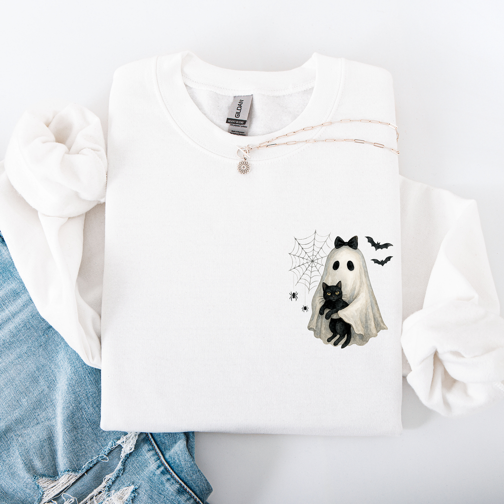 Cute Ghost, Black Cat, Halloween, Coquette Vintage Gothic Seasonal Pocket Sweatshirt