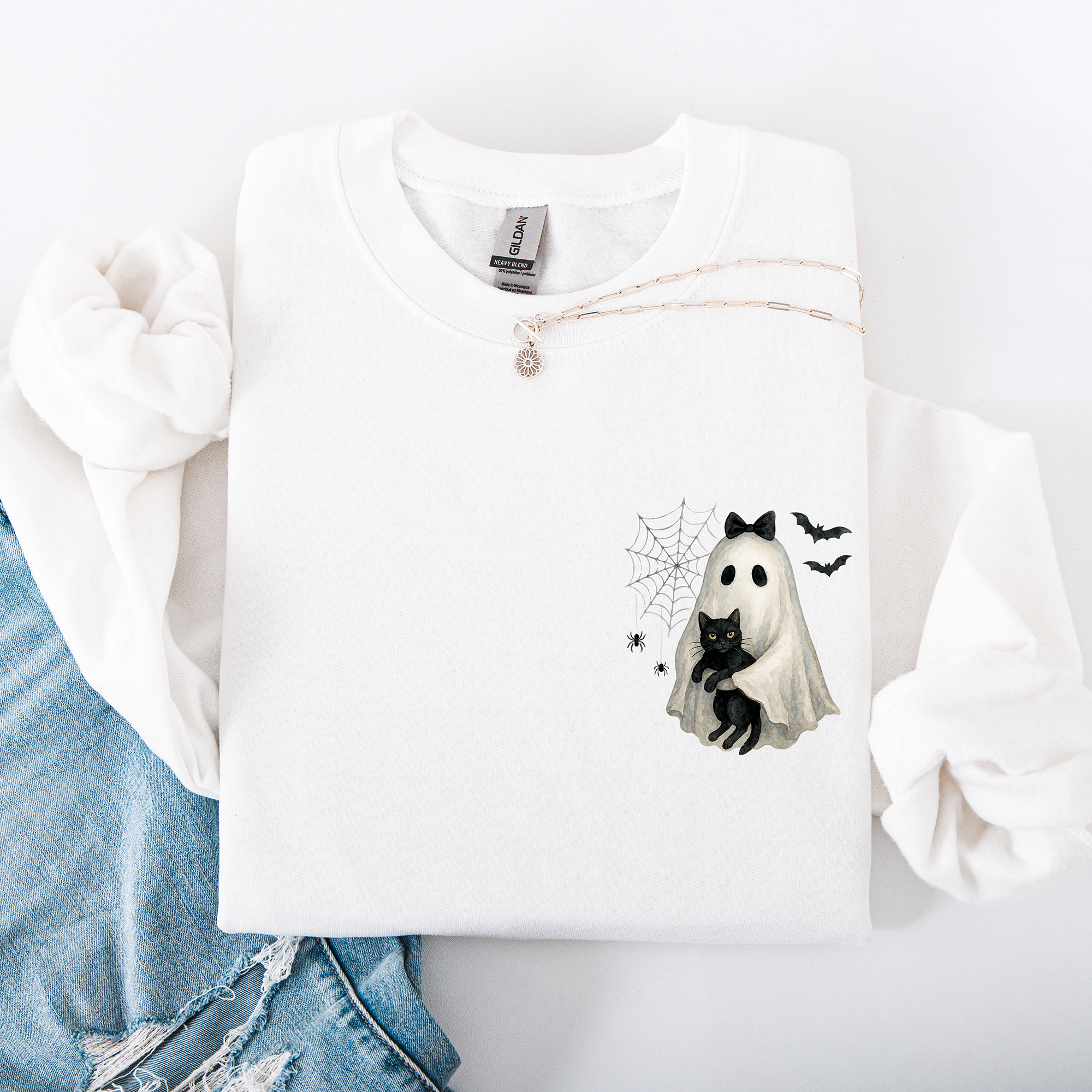 Cute Ghost, Black Cat, Halloween, Coquette Vintage Gothic Seasonal Pocket Sweatshirt