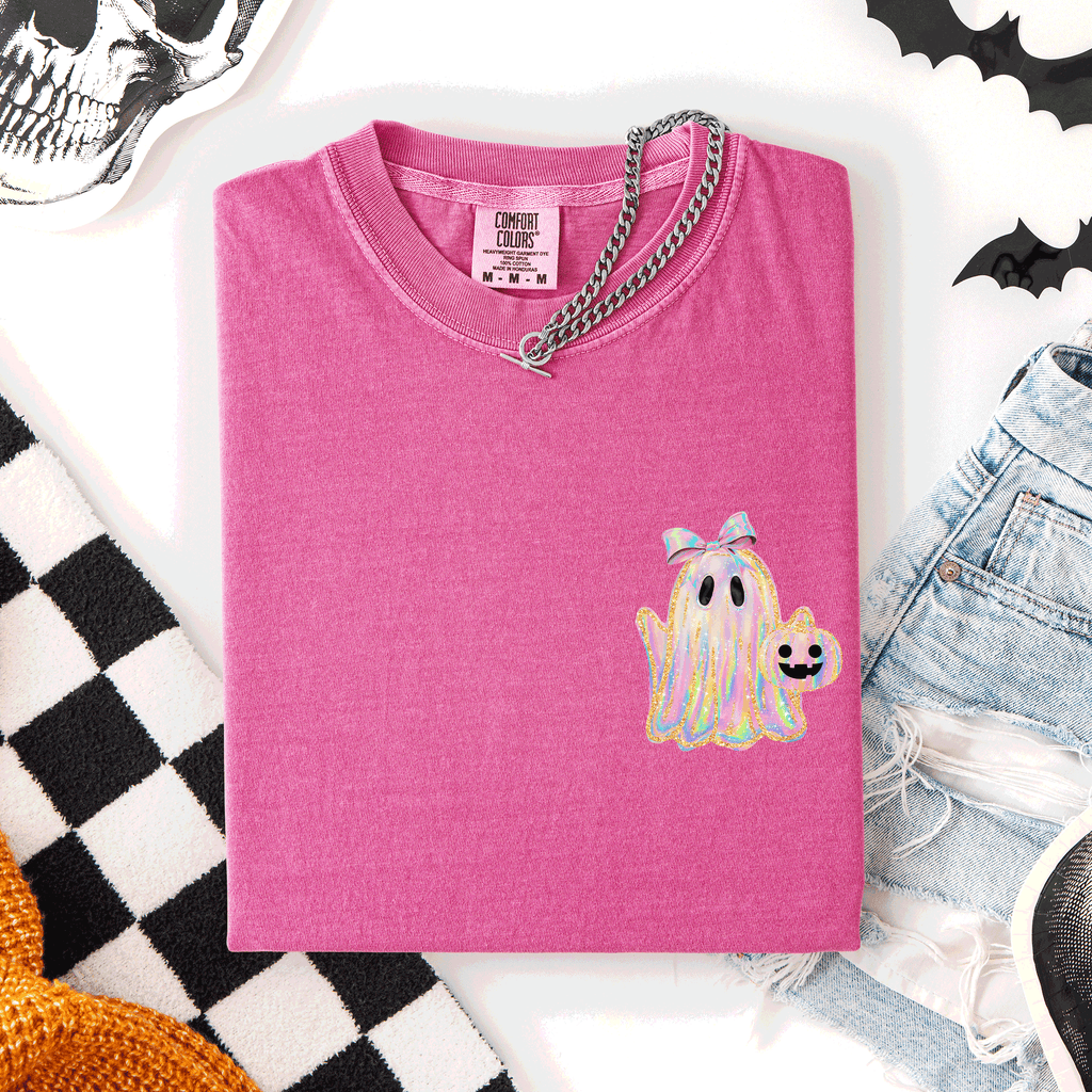 Cute Ghost Coquette Ribbon Faux Glitter Halloween Pocket Detail Comfort Colors Tee