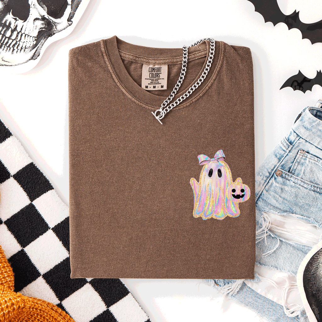 Cute Ghost Coquette Ribbon Faux Glitter Halloween Pocket Detail Comfort Colors Tee
