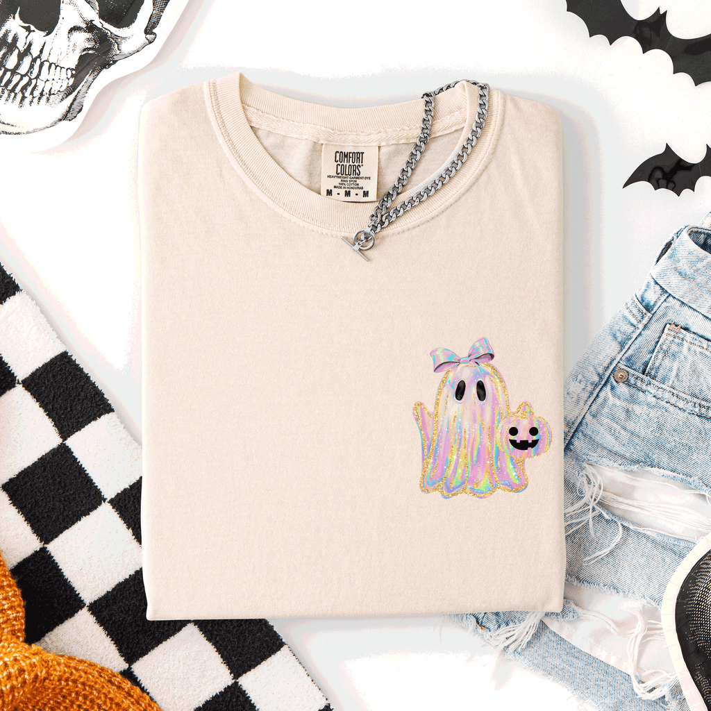 Cute Ghost Coquette Ribbon Faux Glitter Halloween Pocket Detail Comfort Colors Tee