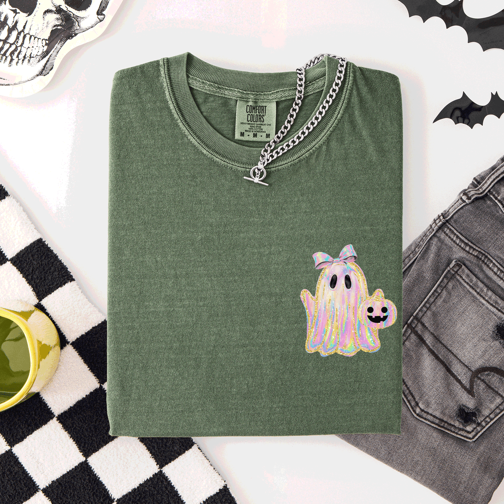 Cute Ghost Coquette Ribbon Faux Glitter Halloween Pocket Detail Comfort Colors Tee