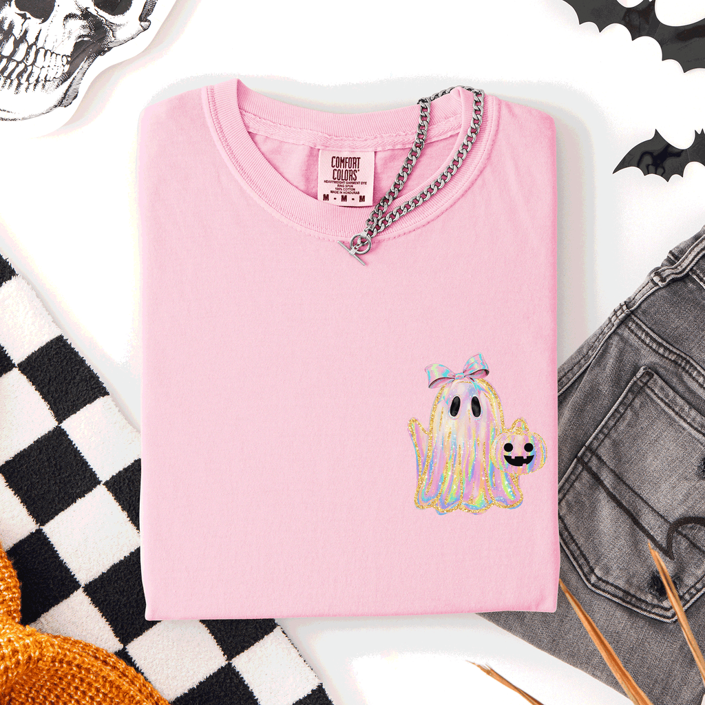 Cute Ghost Coquette Ribbon Faux Glitter Halloween Pocket Detail Comfort Colors Tee