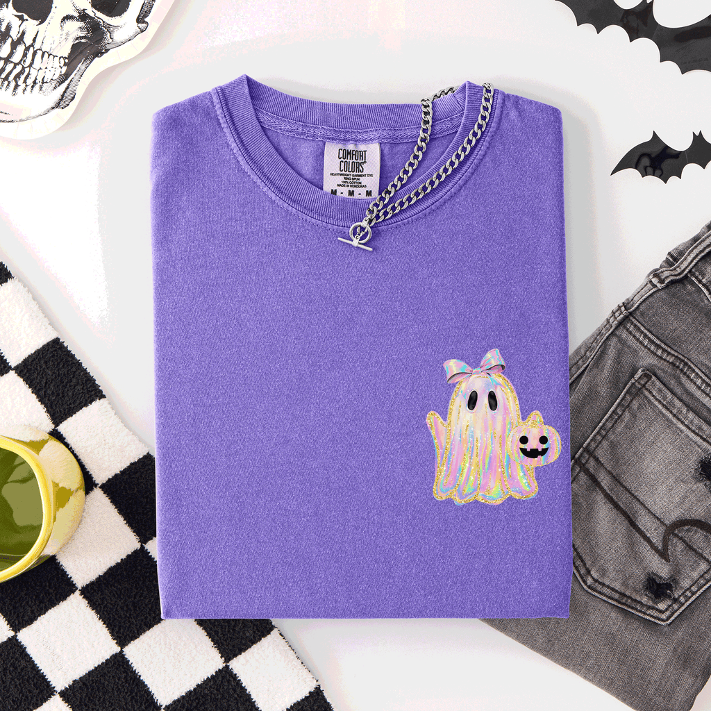 Cute Ghost Coquette Ribbon Faux Glitter Halloween Pocket Detail Comfort Colors Tee