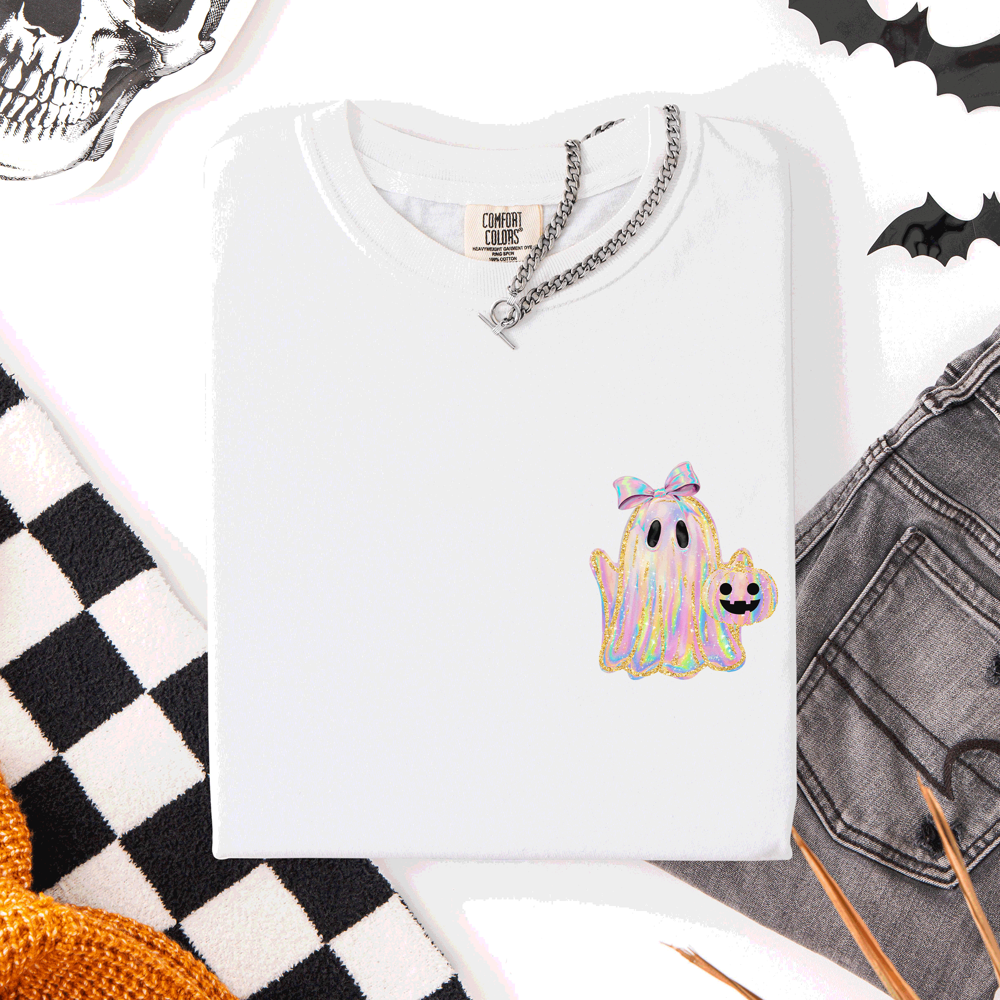 Cute Ghost Coquette Ribbon Faux Glitter Halloween Pocket Detail Comfort Colors Tee