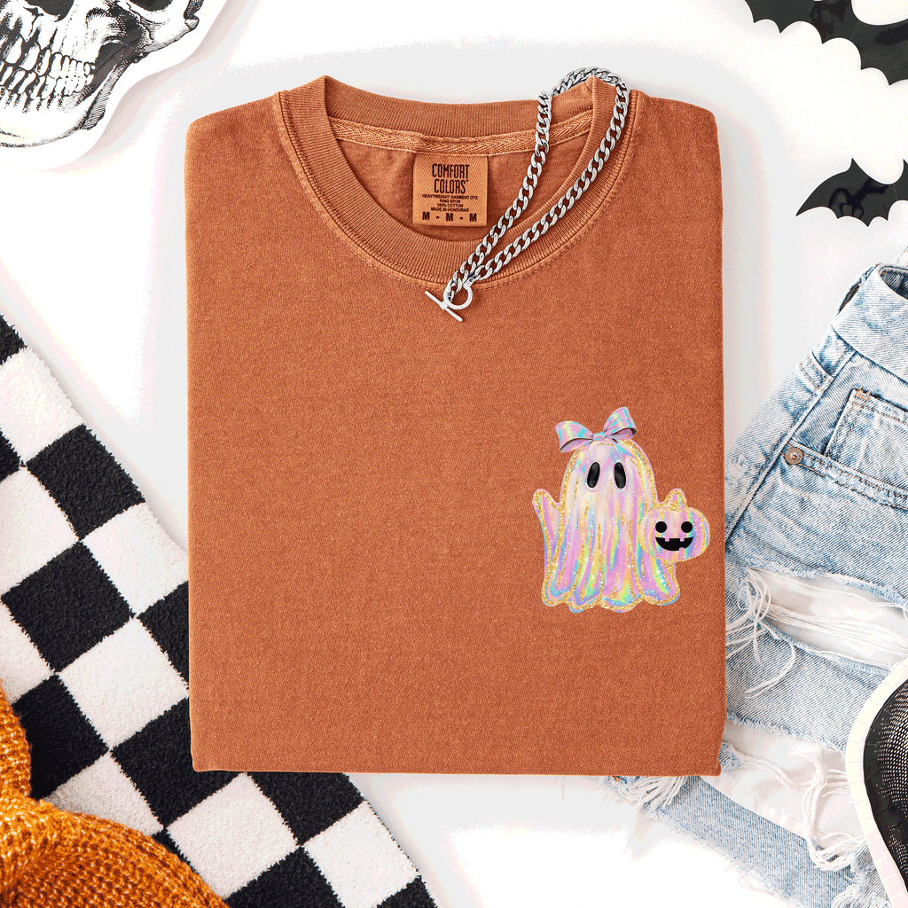 Cute Ghost Coquette Ribbon Faux Glitter Halloween Pocket Detail Comfort Colors Tee