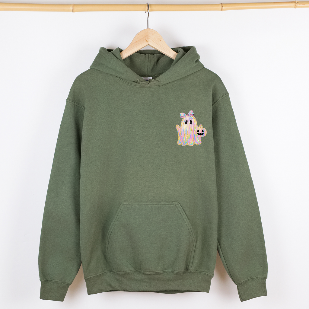 Cute Ghost Coquette Ribbon Faux Glitter Halloween Vintage Inspired Cozy Nighttime Charm Pocket Hoodie