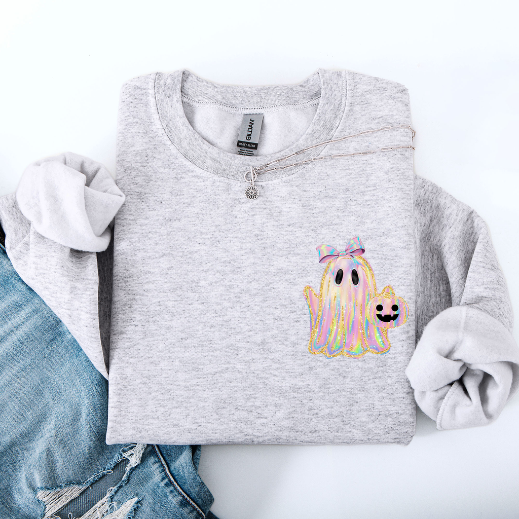 Cute Ghost Coquette Ribbon Faux Glitter Halloween Vintage Velvet Pocket Sweatshirt