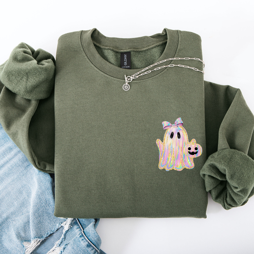 Cute Ghost Coquette Ribbon Faux Glitter Halloween Vintage Velvet Pocket Sweatshirt