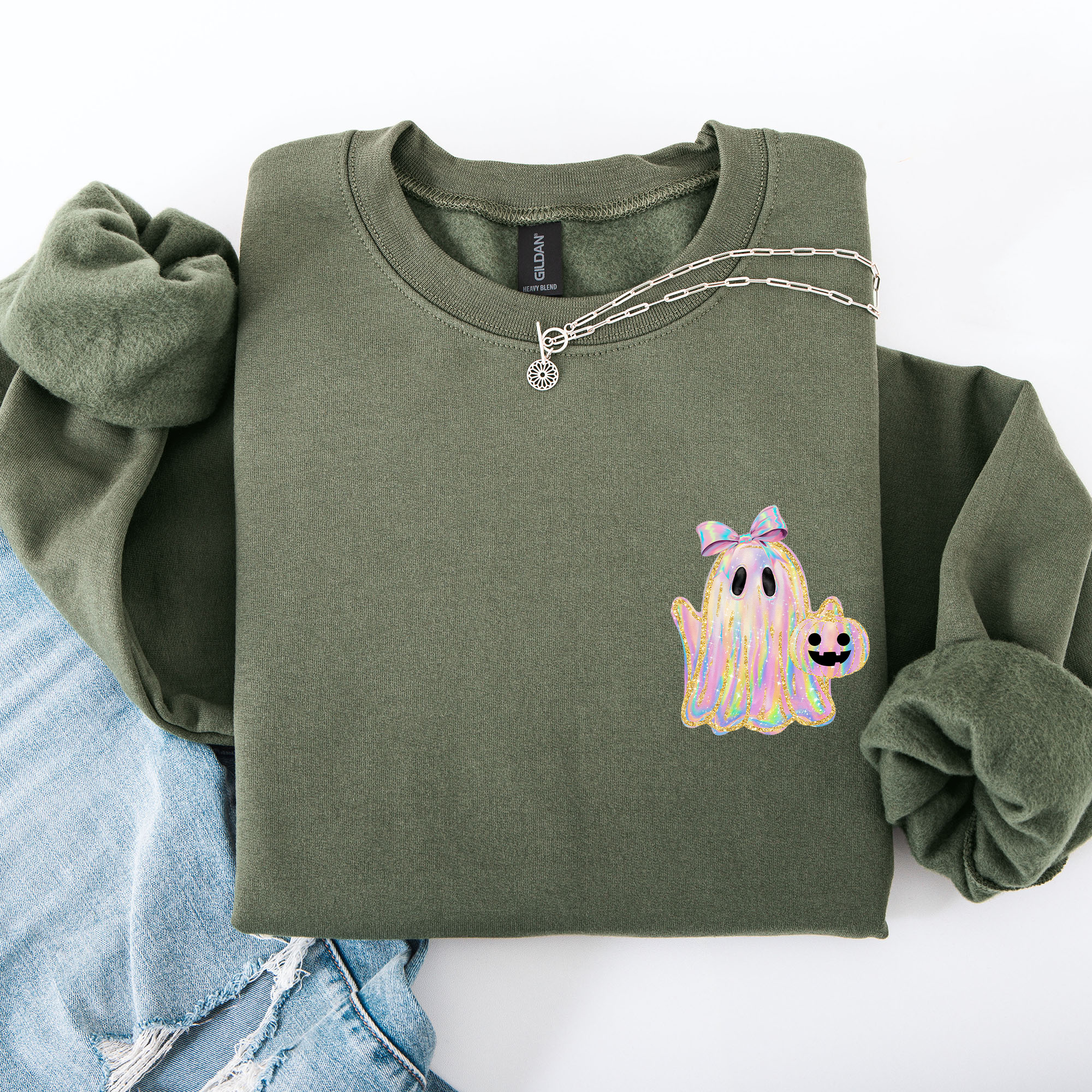Cute Ghost Coquette Ribbon Faux Glitter Halloween Vintage Velvet Pocket Sweatshirt
