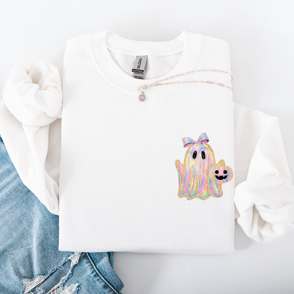 Cute Ghost Coquette Ribbon Faux Glitter Halloween Vintage Velvet Pocket Sweatshirt